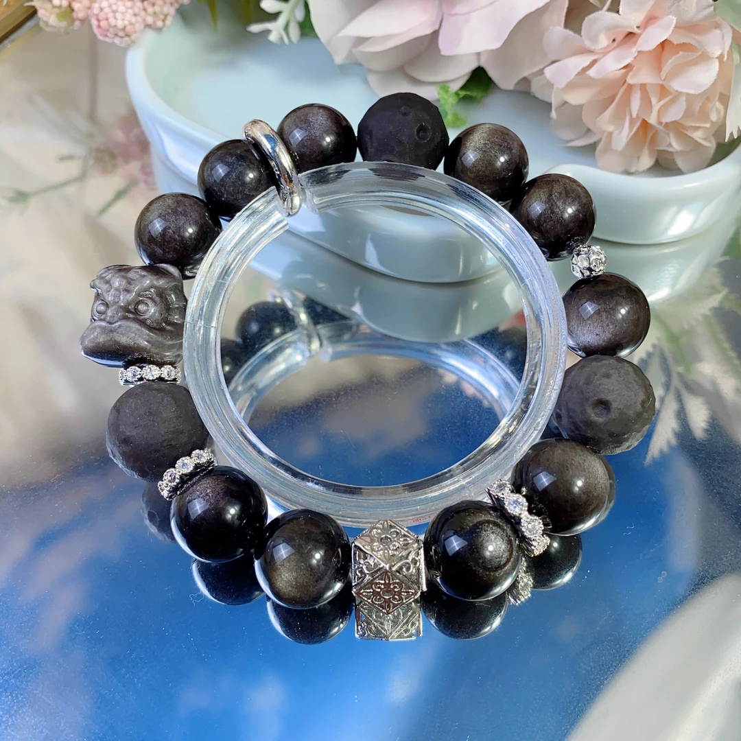 天然银曜石醒狮搭配星球珠轻奢时尚女士男士手串W1221