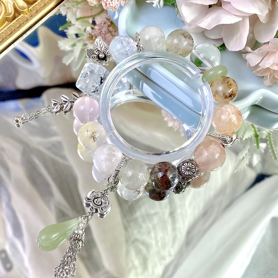 (鸟语花香-春)天然水晶小树胶花绿幽灵搭樱花玛瑙时尚手串W4047