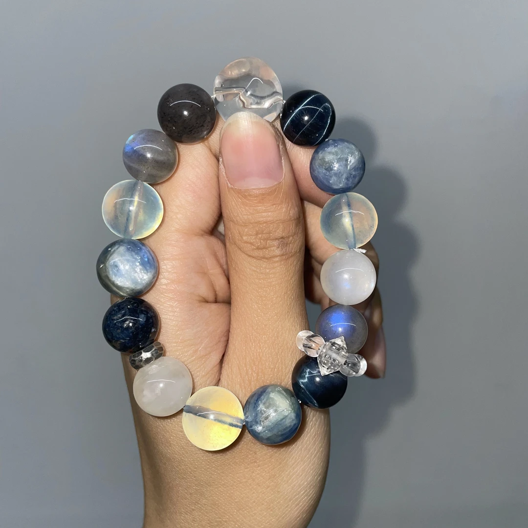 （蓝精灵）天然海蓝宝搭奶白晶彼得石月光石轻奢时尚女士手串T4092