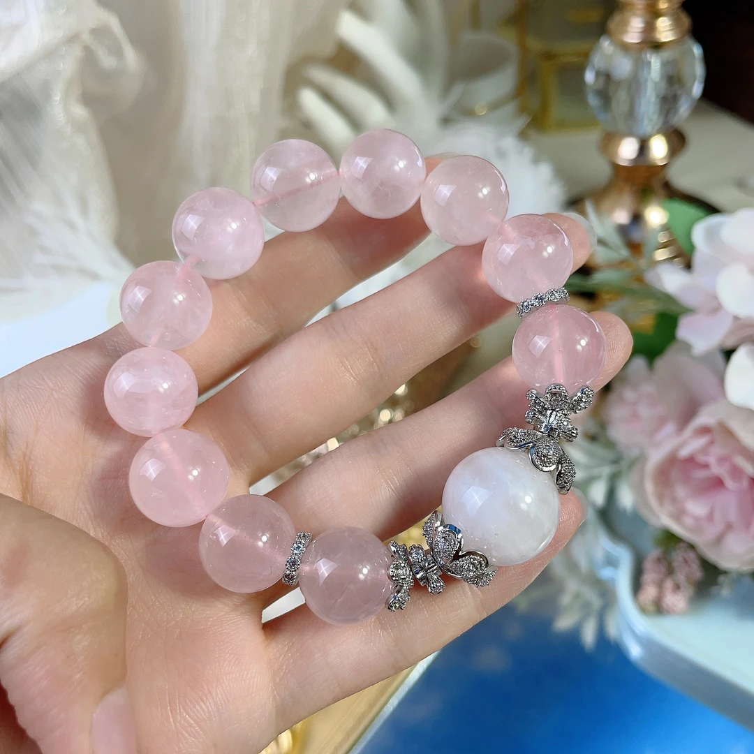 天然粉水晶14M搭配雪花幽灵顶珠轻奢时尚百搭简约女士手串W7125