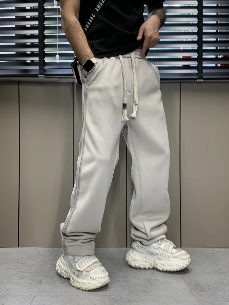 秋冬加绒设计感复古宽松直筒卫裤男美式高级感痞帅休闲阔腿拖地裤