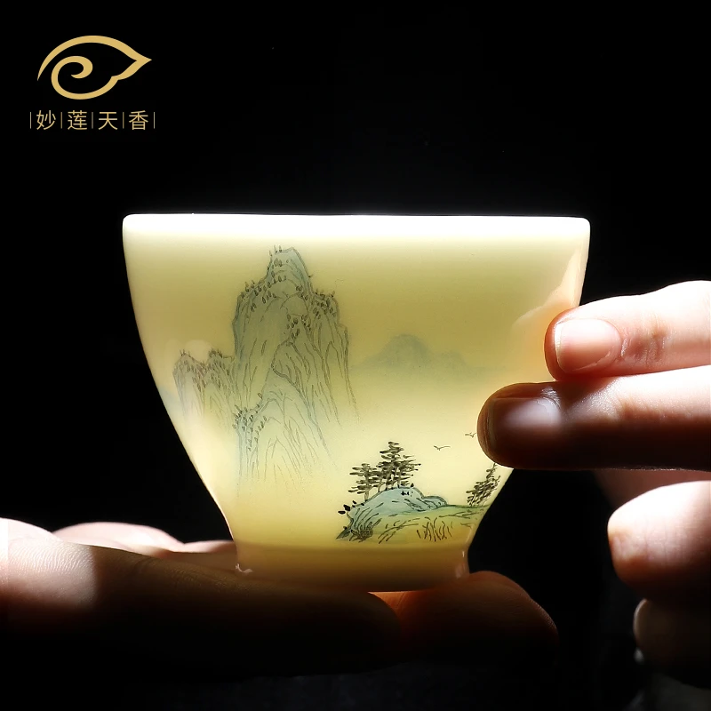 《只此青绿》高端羊脂玉瓷手绘山水主人杯单杯女个人专用茶杯喝茶杯