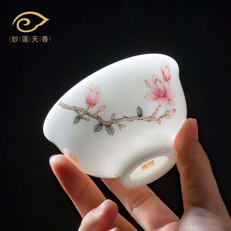 妙莲天香年货必备手绘玉兰花高档中式冰种玉瓷品茗杯喝茶主人杯