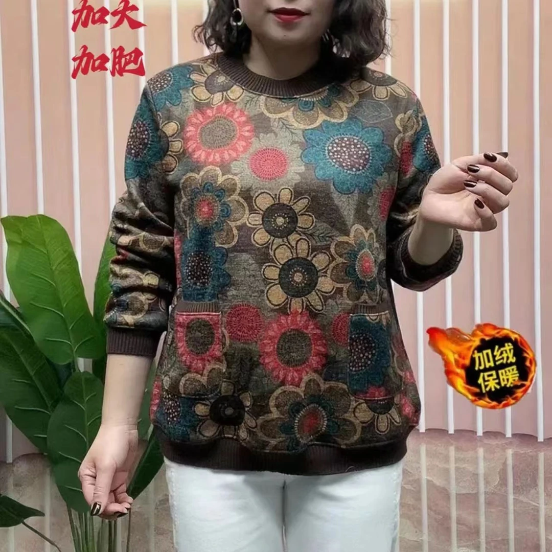 冬季新款时尚加大加肥宽松显瘦百搭大码加绒妈妈装打底女小衫