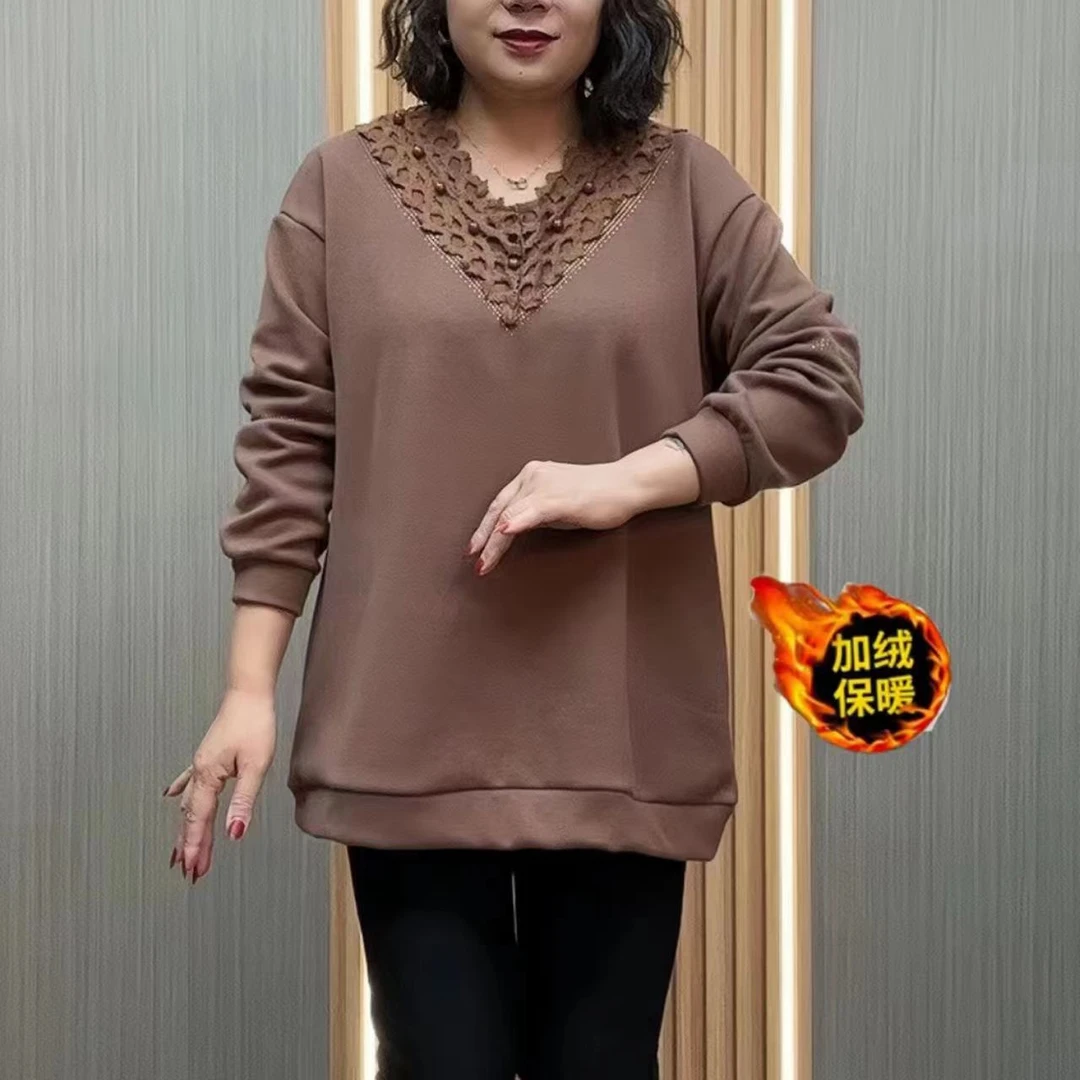 冬季新款时尚加大加肥妈妈装宽松显瘦百搭加绒保暖女士长袖小衫