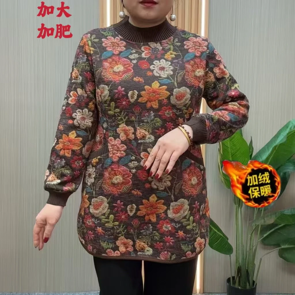 100斤-220斤特大码妈妈装加绒加厚保暖上衣中老年中长款秋冬洋气