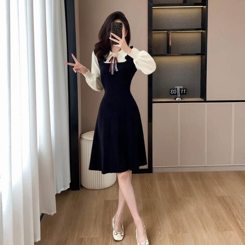 冬季2024年毛衣裙子超好看遮肚子配大衣内搭黑色针织连衣裙女秋冬