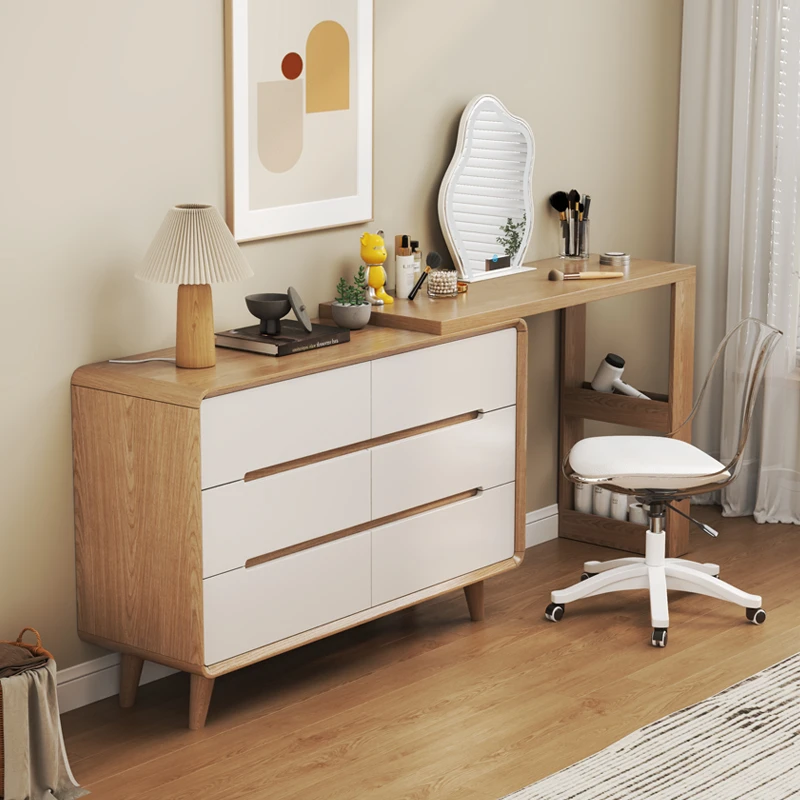 北欧风梳妆台卧室简约现代小户型转角化妆桌床尾收纳斗柜一体