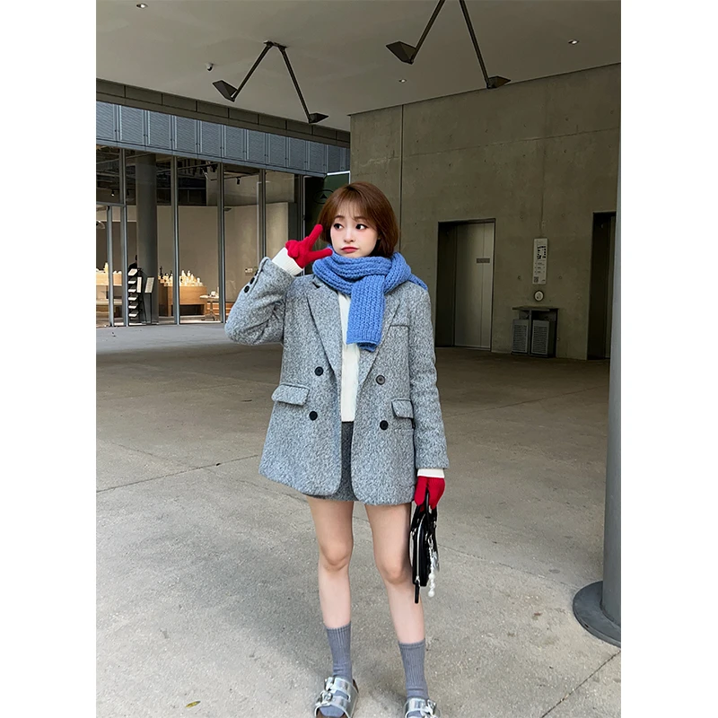 壹伍零《韩剧女主》高级韩系简约短裙+毛呢夹棉厚款西装套装两件套