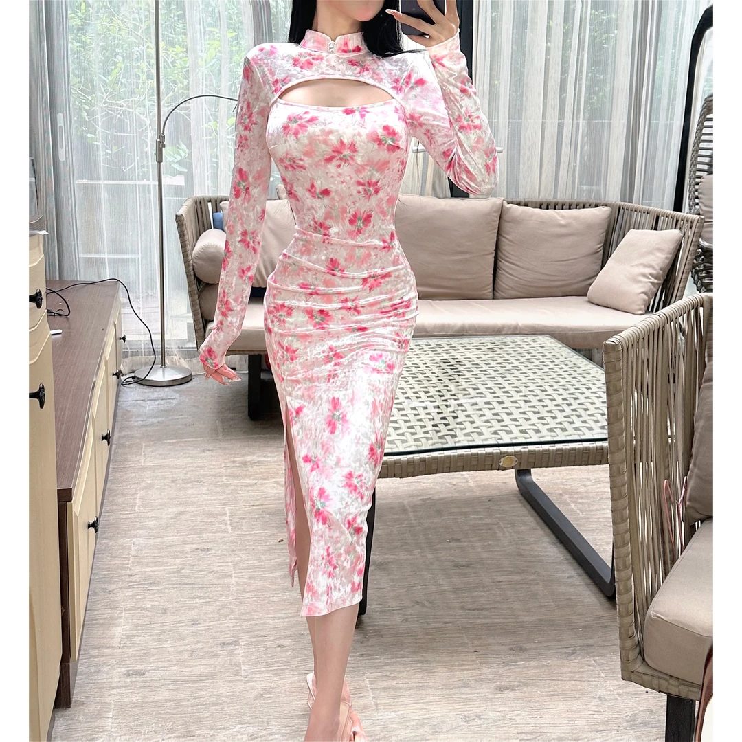 鱼子定制「花信之约」气质修身显瘦印花丝绒包臀开叉连衣裙Q0533