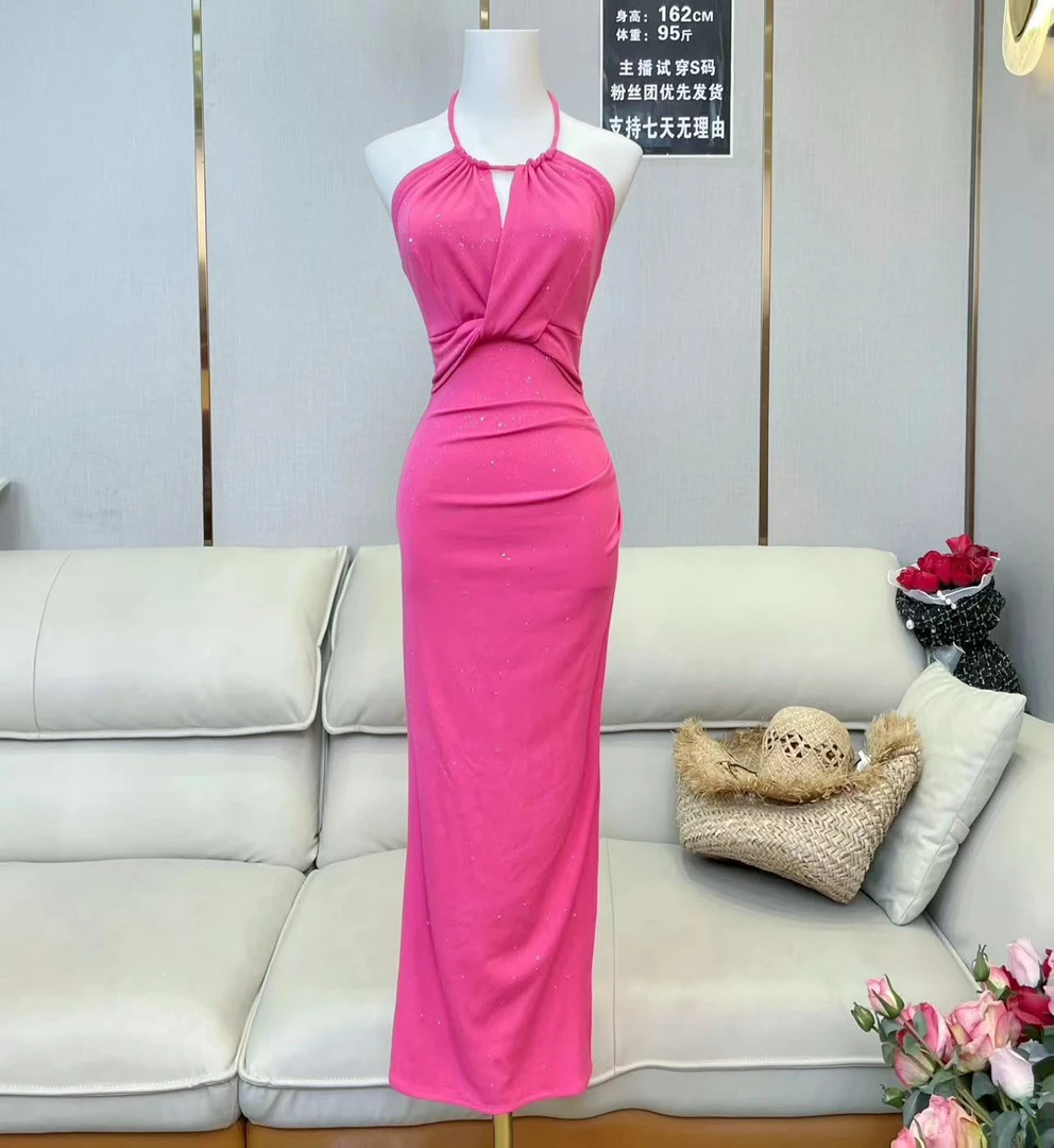 鱼子定制「娇欲陷阱」时尚气质挂脖亮片扭结开叉包臀连衣裙Q0522