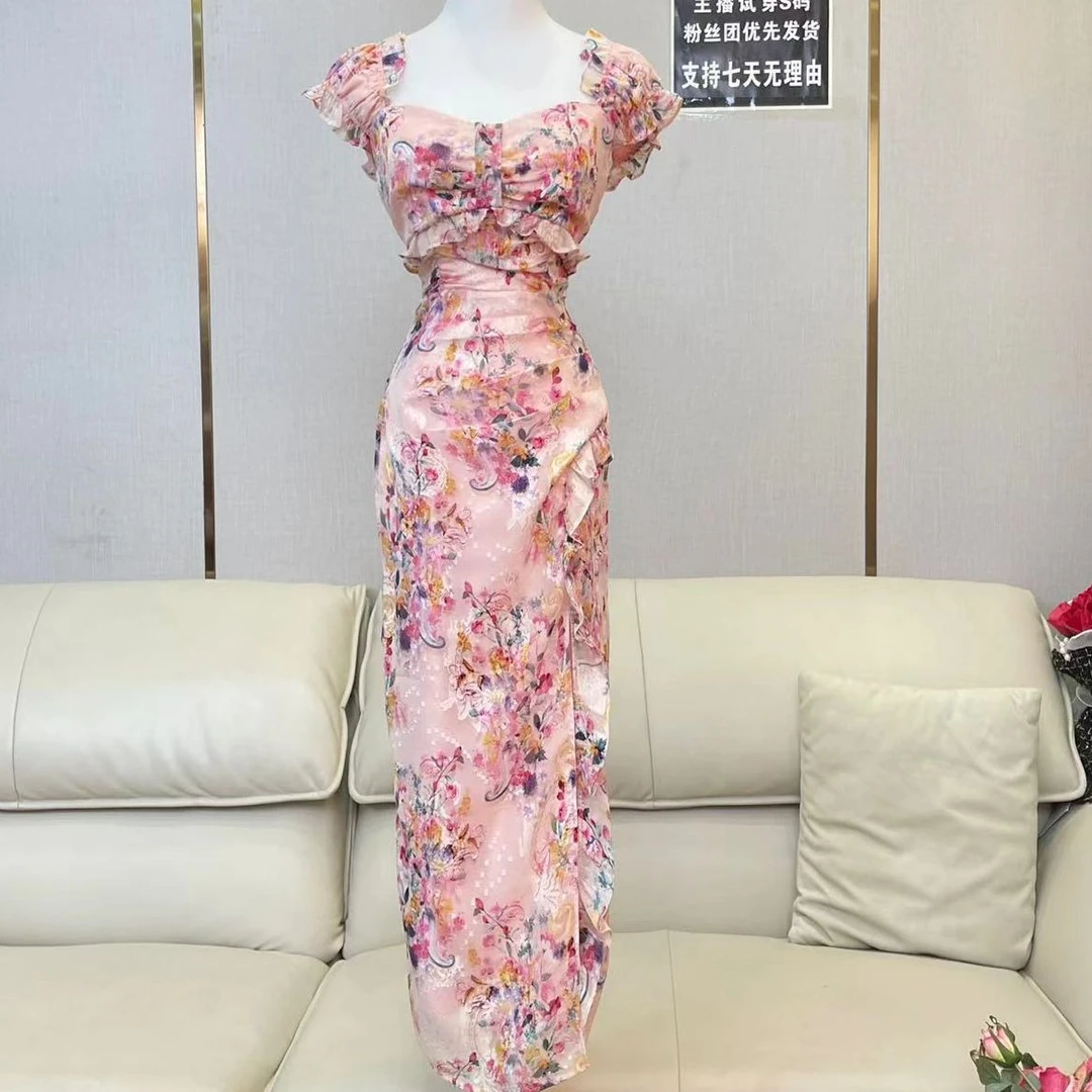 鱼子定制「花间雾影」时尚性感显瘦收腰碎花短袖开叉连衣裙Q0689