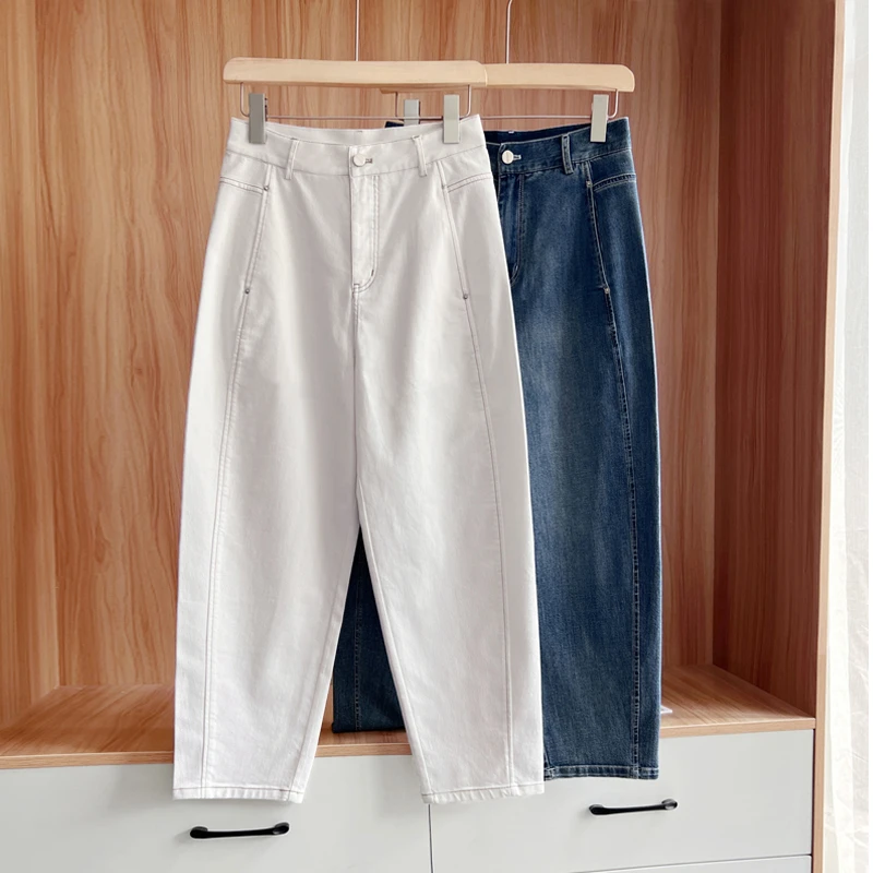 (牛货)夏季薄款醋酸宽松显瘦休闲裤九分镰刀裤女白色牛仔裤老爹裤