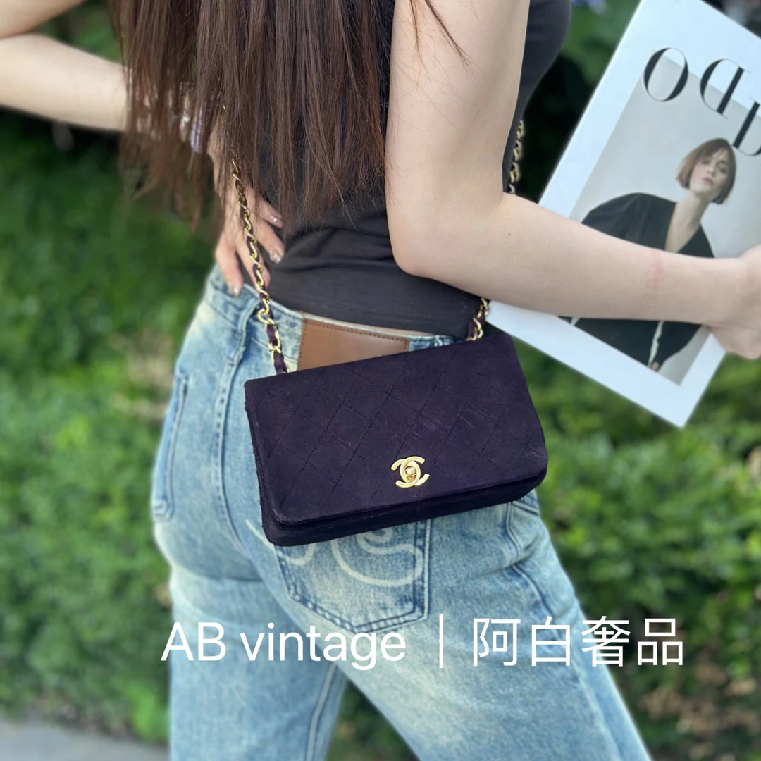 95新 Chanel/香奈儿 阿白奢品/香奈儿 紫色丝绒菱形格单肩包