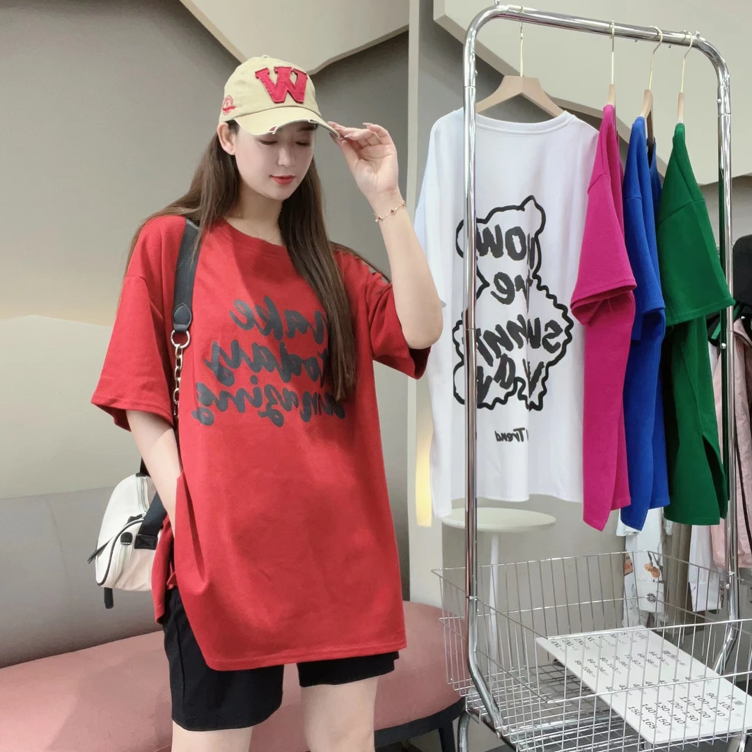 -新款夏季时尚显瘦甜美圆领印花休闲百搭宽松后背小熊字母纯色T恤