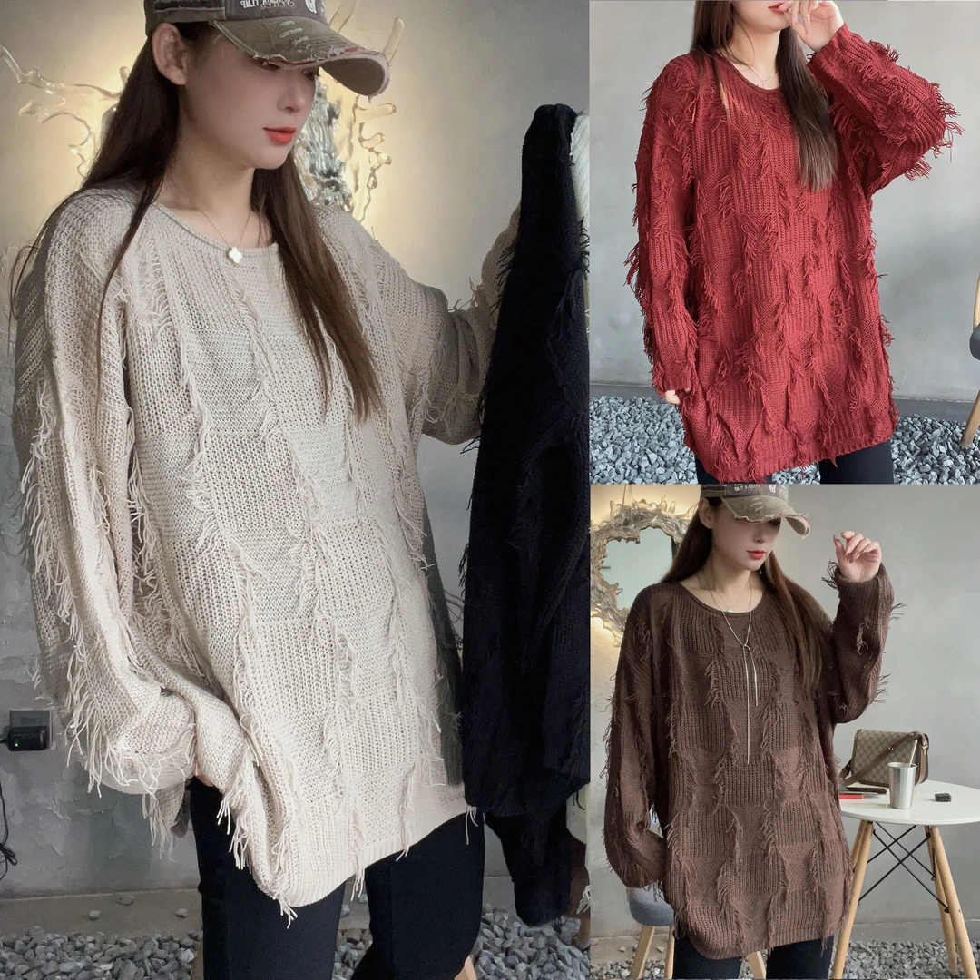 -2圆领纯色薄流苏毛衣穿搭百搭显瘦宽松女上衣加大休闲针织衫