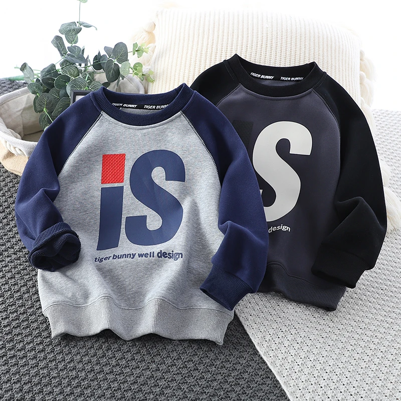 男童加绒卫衣秋冬季新款中大童保暖插肩袖圆领套头衫儿童装加厚潮