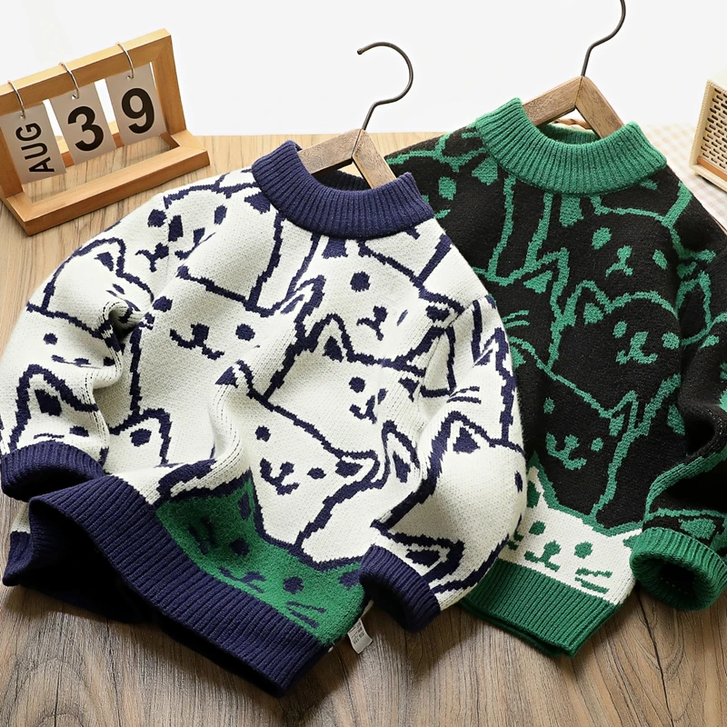 男童毛衣秋冬季新款中大童保暖可爱猫圆领套头针织衫儿童装洋气潮