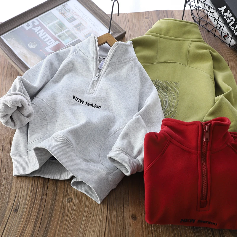 男童加绒立领卫衣秋冬新款儿童半拉链加厚上衣中大童保暖长袖卫衣