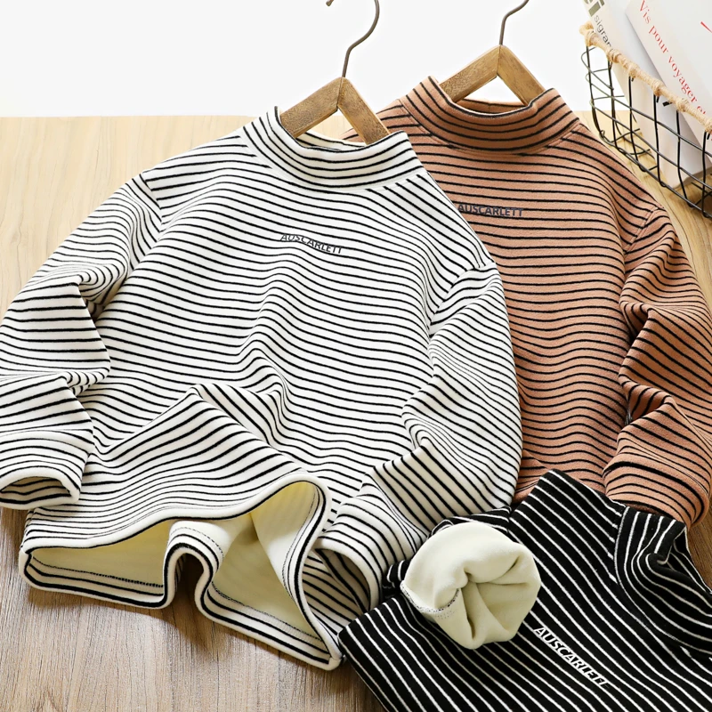 男童半高领打底衫秋冬款中大童男孩加绒加厚儿童条纹高弹长袖打底