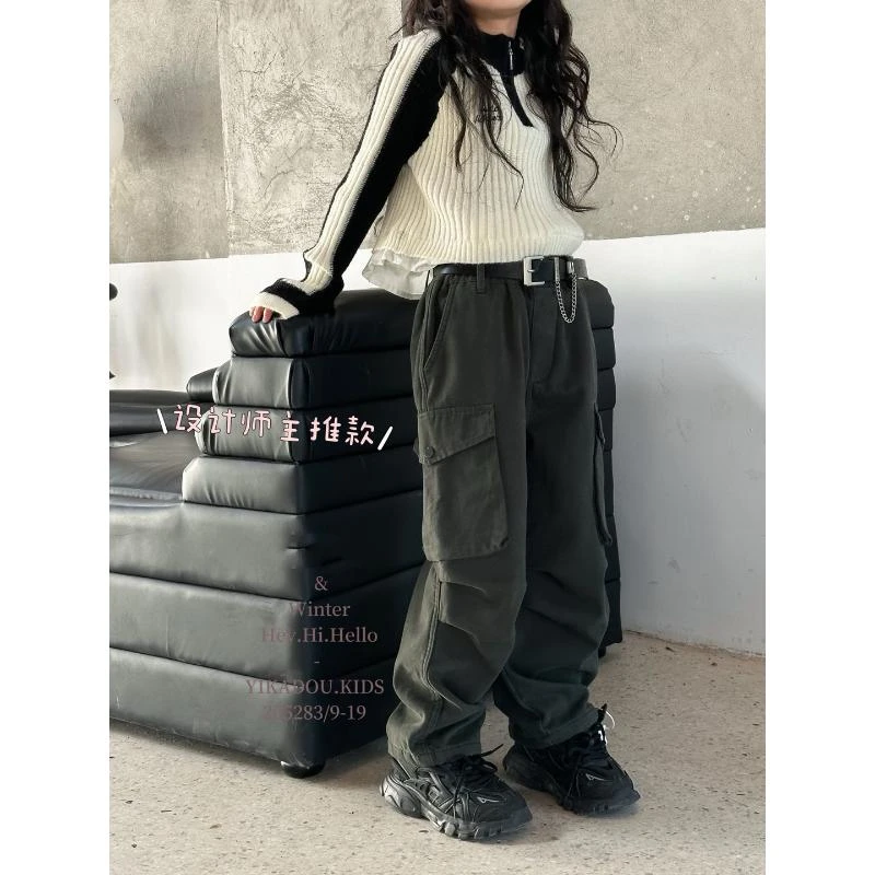 05283高端潮品童装时尚百搭一体绒个性口袋工装裤A5-4-2