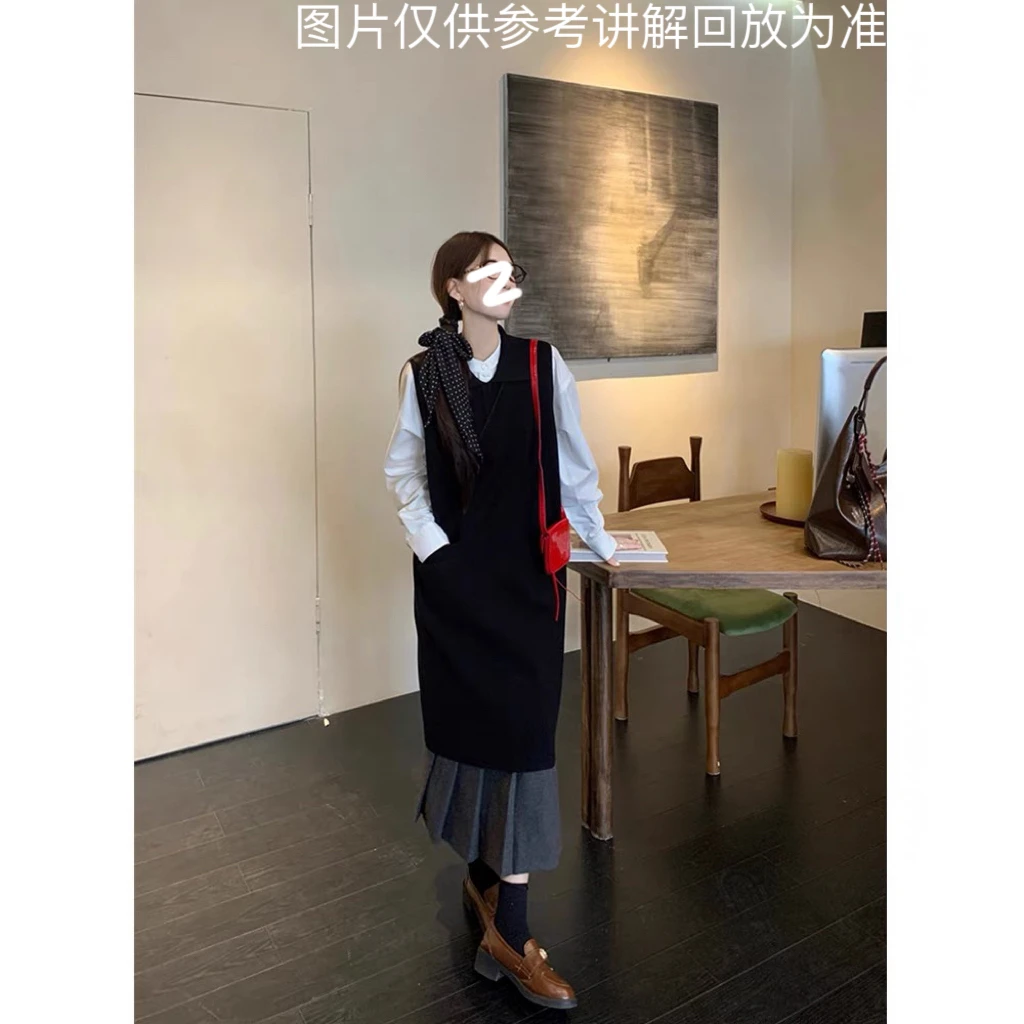 复古黑色针织叠穿连衣裙女秋季内搭衬衫中长款连衣裙裙套装