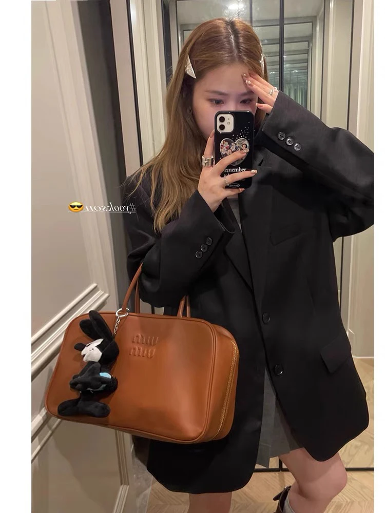 春秋设计感oversize休闲宽松单排扣垫肩中长款黑色西装西服外套女