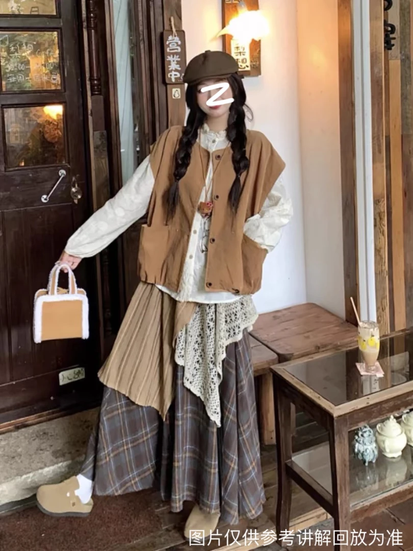 大码胖mm拼接设计感复古三件套格子半身裙衬衫马甲套装女秋季