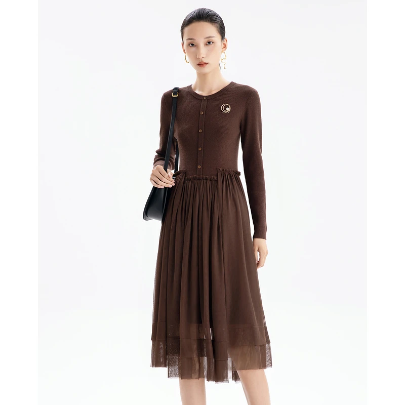 莱芙·艾迪儿长裙蕾丝气质针织时尚女士长袖连衣裙3V3M40238