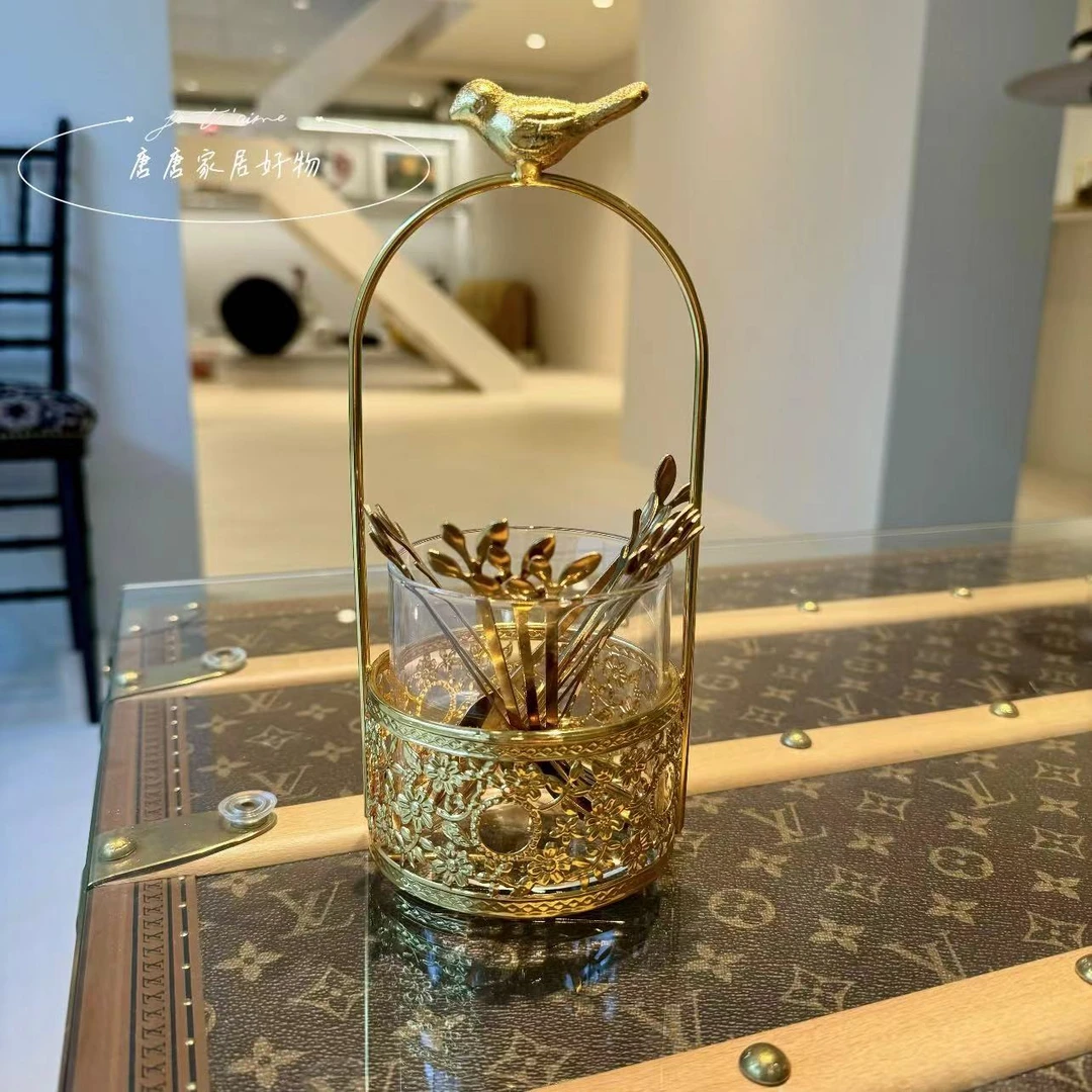 家用水果叉甜品台果叉篮高级感收纳罐套装水果签轻奢甜品蛋糕叉子