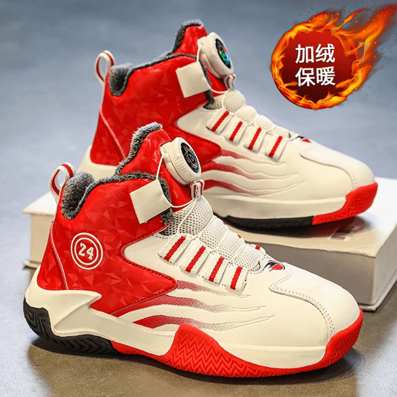 科比儿童篮球鞋2025冬季男童红色防滑运动鞋中大童学生加绒二棉鞋