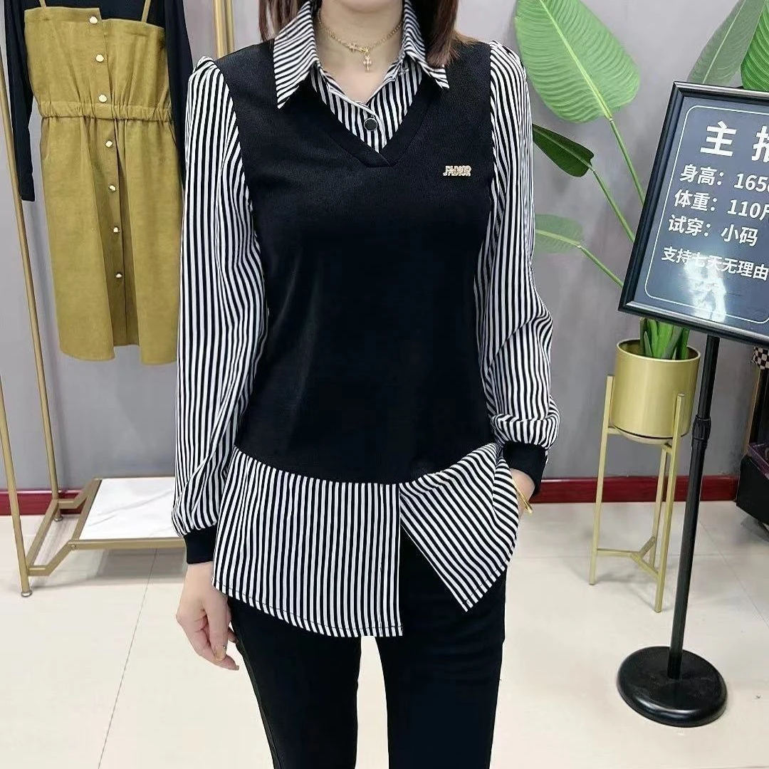 女士假两件衬衫领韩版秋装女装新款时尚洋气T恤休闲小衫打底衫女