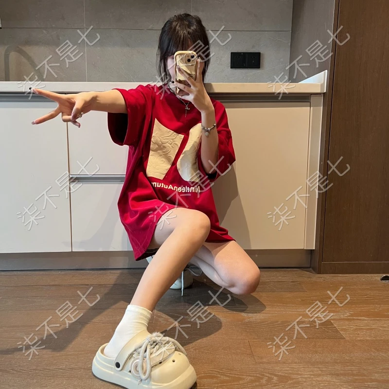 夏季短袖T恤男女潮流发泡印花宽松百搭圆领半袖高街情侣ins打底衫