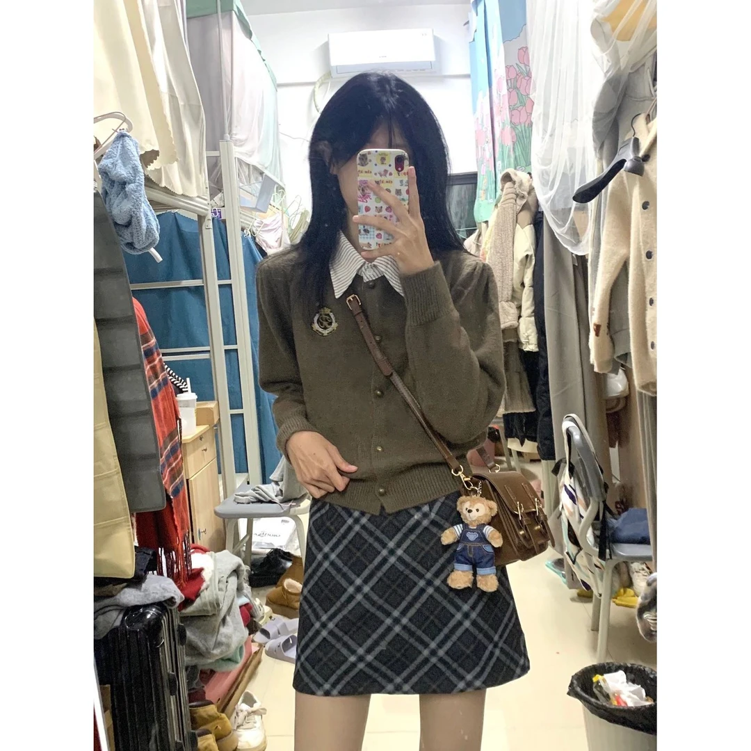 撞色格纹短裙女早春2023新款韩系chic气质A字显瘦艺术穿搭半身裙