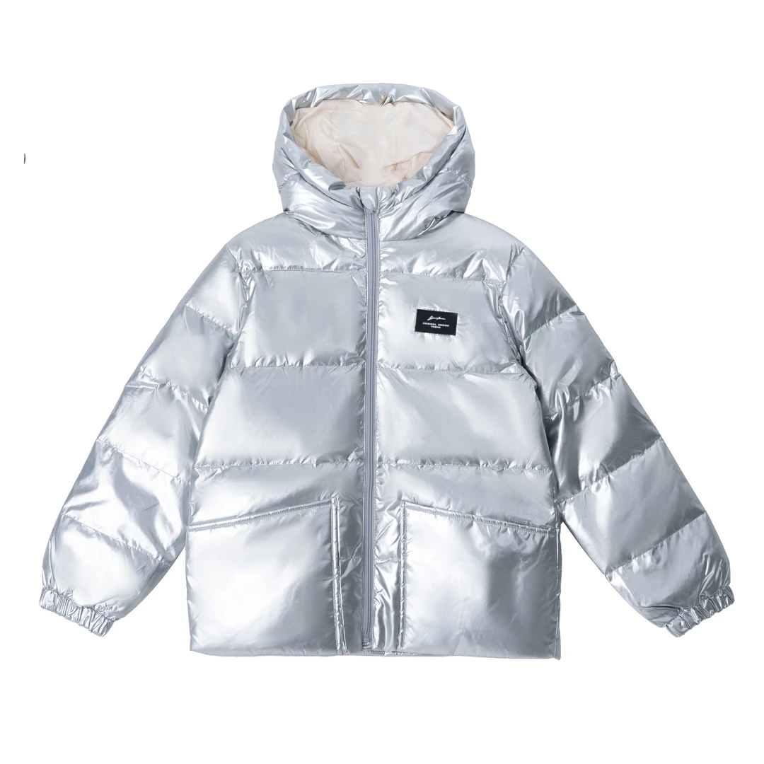 童装羽绒服中小童保暖舒适纯色银色中长款连帽羽绒服
