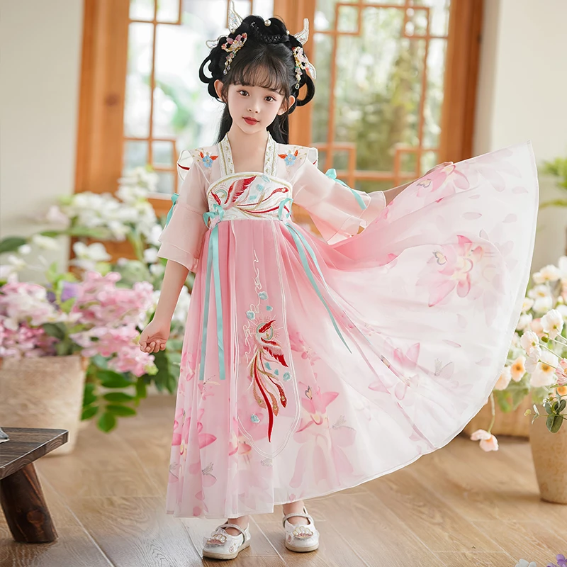 女童夏季新款连衣裙小女孩飘逸仙气长款古装儿童中国风表演汉服