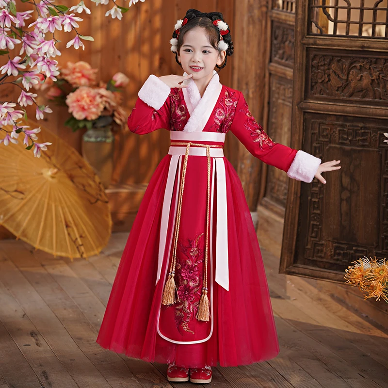 女童汉服裙冬季新款加绒连衣裙小女孩古装宝宝中国风拜年服唐装