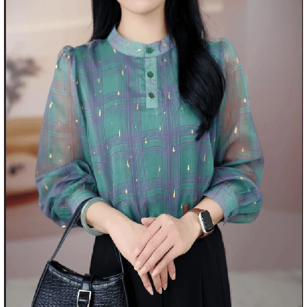 2024秋季新款衬衣气质时尚上衣显瘦小衫长袖百搭打底春季宽松格子