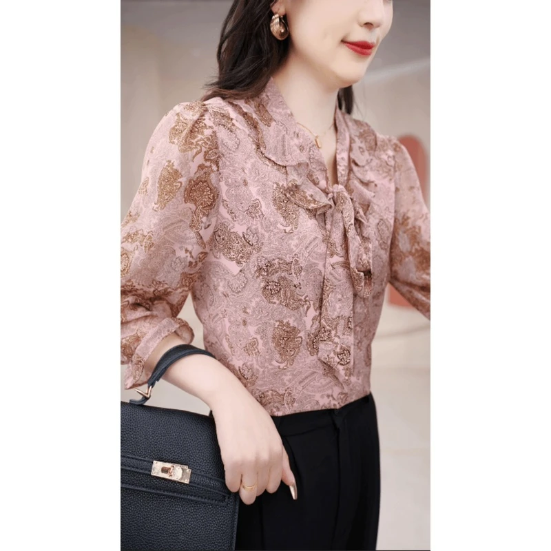 秋季新品飘带V领2024新款衬衫时髦小衫显白七分袖上衣女显瘦减龄.