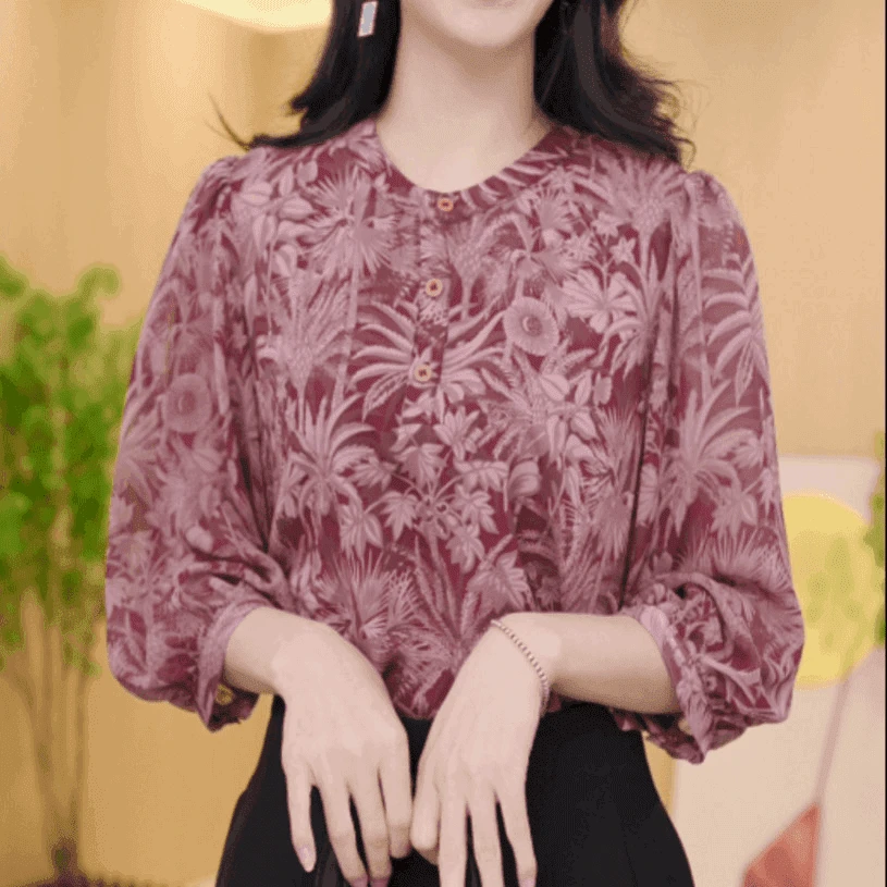 2025新中式国风设计感气质田野印花圆领衬衫上衣显瘦长袖洋气时尚