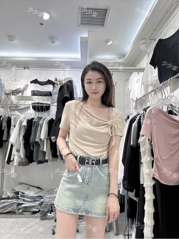 【少少家】蝴蝶系带斜领短袖t恤新款时尚百搭不规则设计上衣