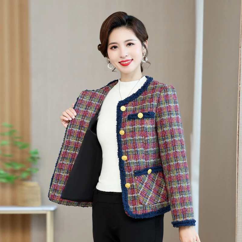 妈妈秋装外套女士小香风格子减龄秋天上衣时尚百搭中年女洋气衣服