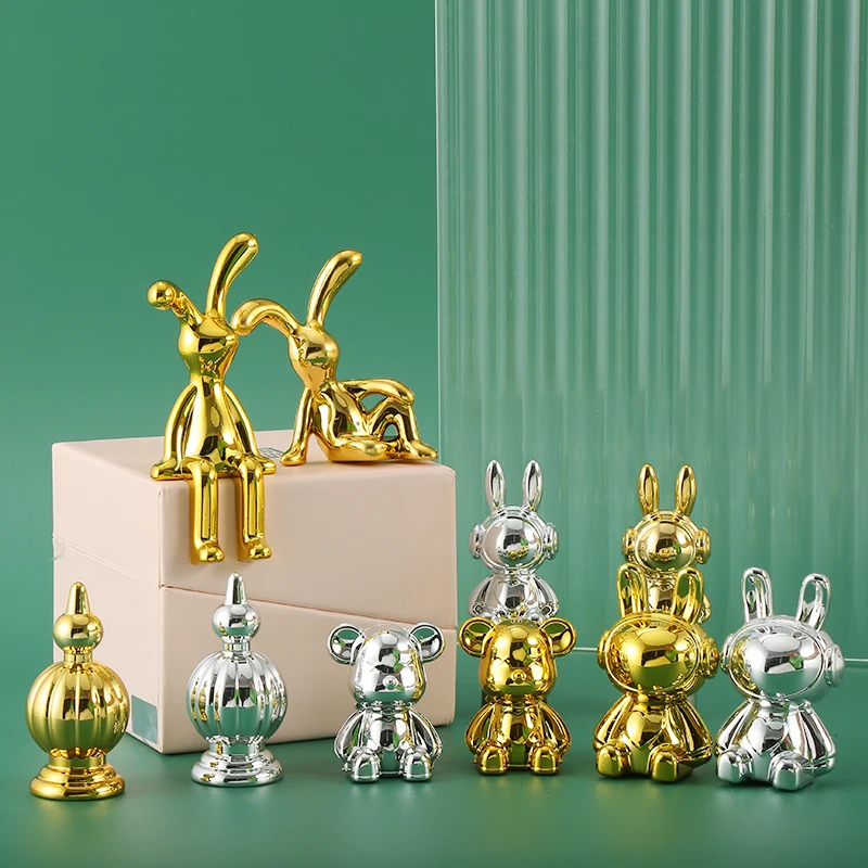现代轻奢电镀银兔子摆件玄关高档电视柜客厅家居隔断房间软装饰品