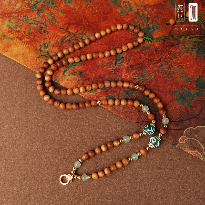 铜合金木质项链 秋冬长款丹霞风项链新中式檀木吊坠挂绳佛牌链