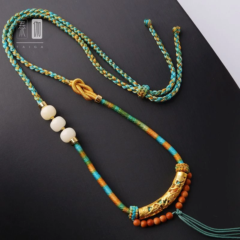 铜合金布艺项链 藏风唐卡佛牌链子文玩挂脖吊坠项链绳橄榄 可调节