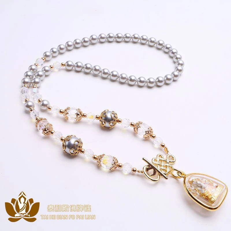 铜合金仿珍珠吊坠 灰色贝珠锁骨项链子女佛牌吊坠绳白贝珠 圆珠链
