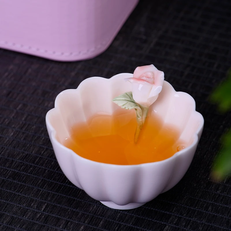 捏花主人杯品茗杯茶具单杯陶瓷喝茶杯女士粉色家用创意日式大号
