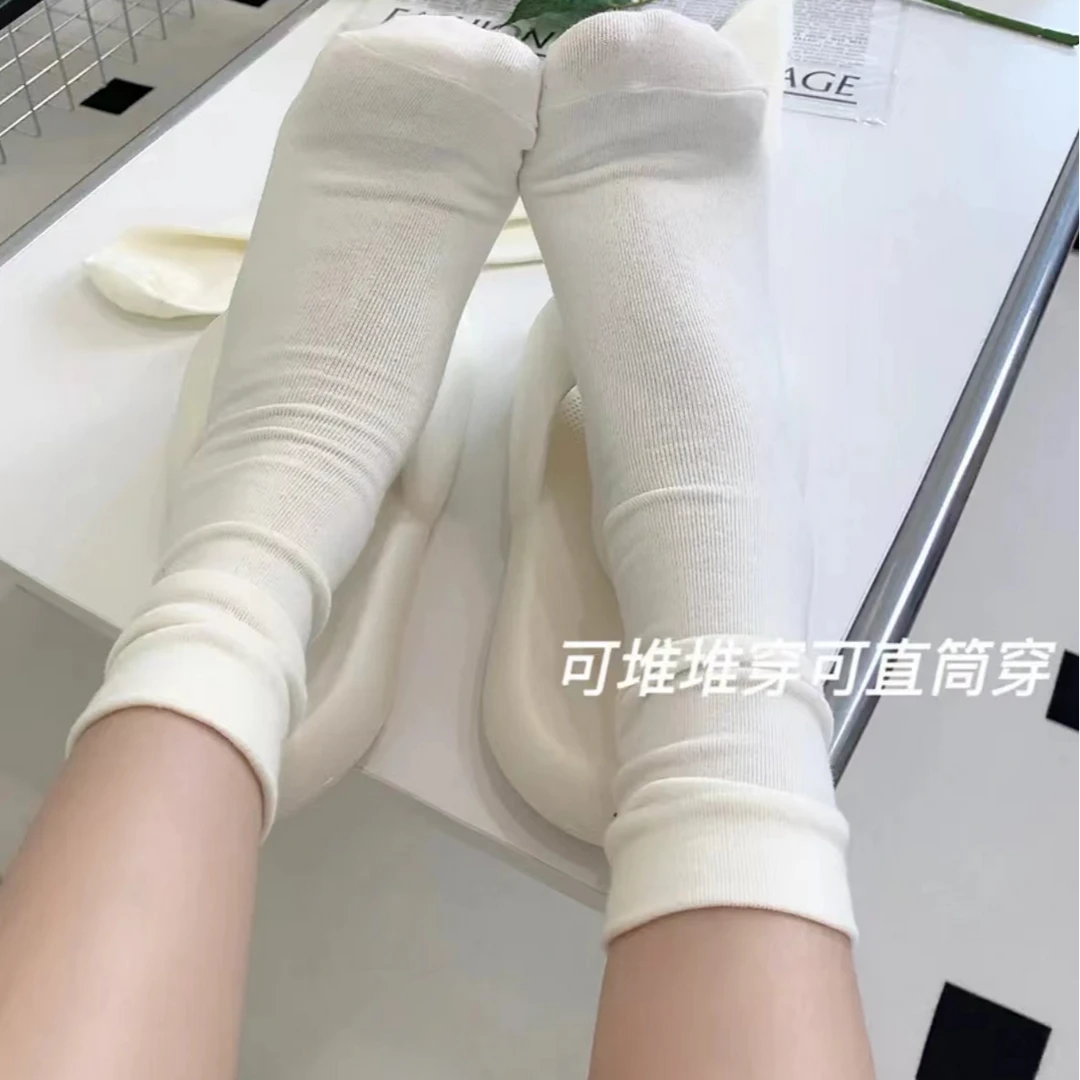 白色袜子女春秋棉四季款遛遛袜中筒袜ins潮纯色日系堆堆袜