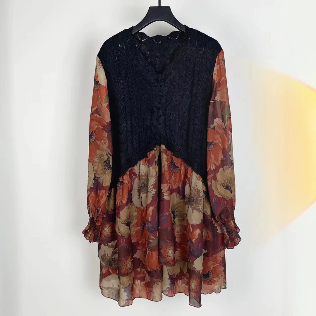 娜三月【草木染】腔调穿搭小青减龄花色毛织拼接中长款上衣裙81090