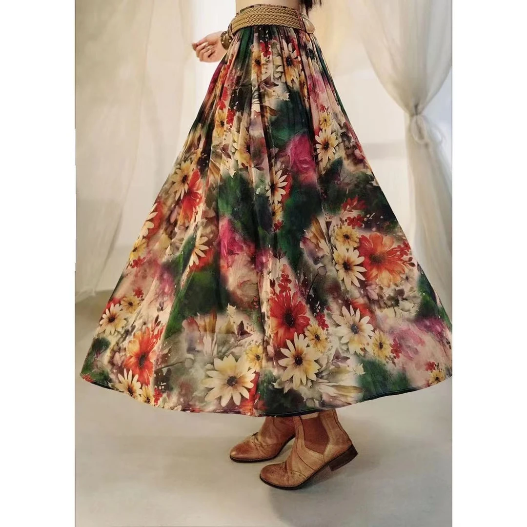 娜三月［草木染］新款波西米亚游园花色半裙9501